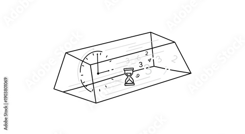 Conceptual illustration of time within a dimensional space featuring clock and hourglass elements