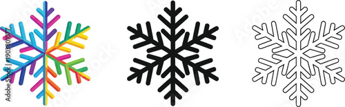 A colorful, multi-hued snowflake graphic is presented alongside its monochrome solid and outline counterparts for design.