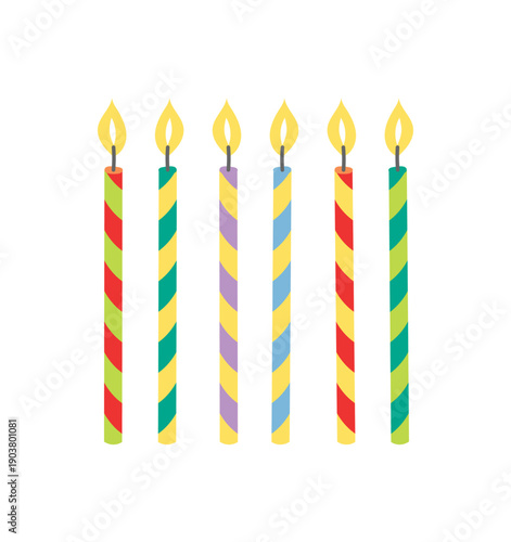 Burning birthday candles illustrations set, isolated on white background. Hand drawn vector. Flat design. Birthday celebration, festival, carnival, party clip art, elements collection