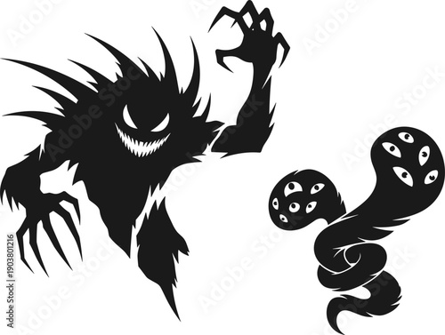 Black silhouette monster illustration, surreal horror fantasy artwork, grotesque alien creature design, eerie spiky being, creepy serpentine monster, imaginative nightmare concept, dark abstract art
