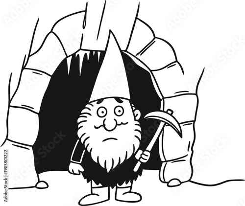 Bearded gnome miner holding pickaxe by cave