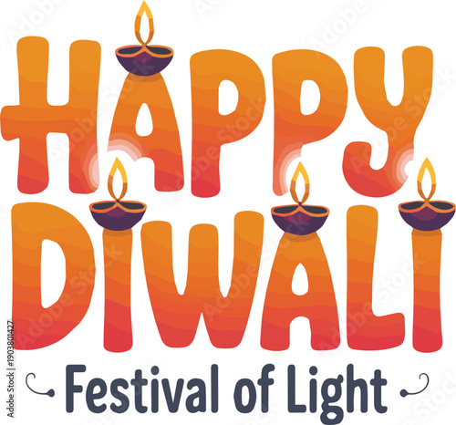 Colorful Happy Diwali Festival of Light Text with Lit Lamps