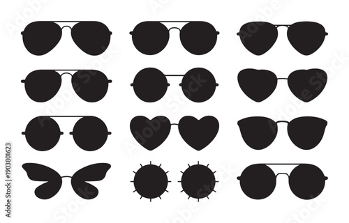 Collection of black sunglasses silhouettes in various shapes on white background