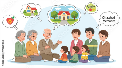 Family Storytime Scene Multigenerational family gathered as a grandparent tells a story, children and adults listening attentively, gentle atmosphere, speech bubbles, warm and cozy illustration.