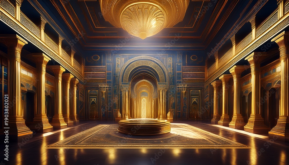 Obraz premium interior of a royal palace castle of egyptian empire in ancient times background interior of castle beautiful royal palace black and gold marble luxury generative ai