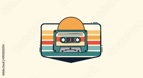 Stylized depiction of a classic audio cassette featuring a retro sunset design element