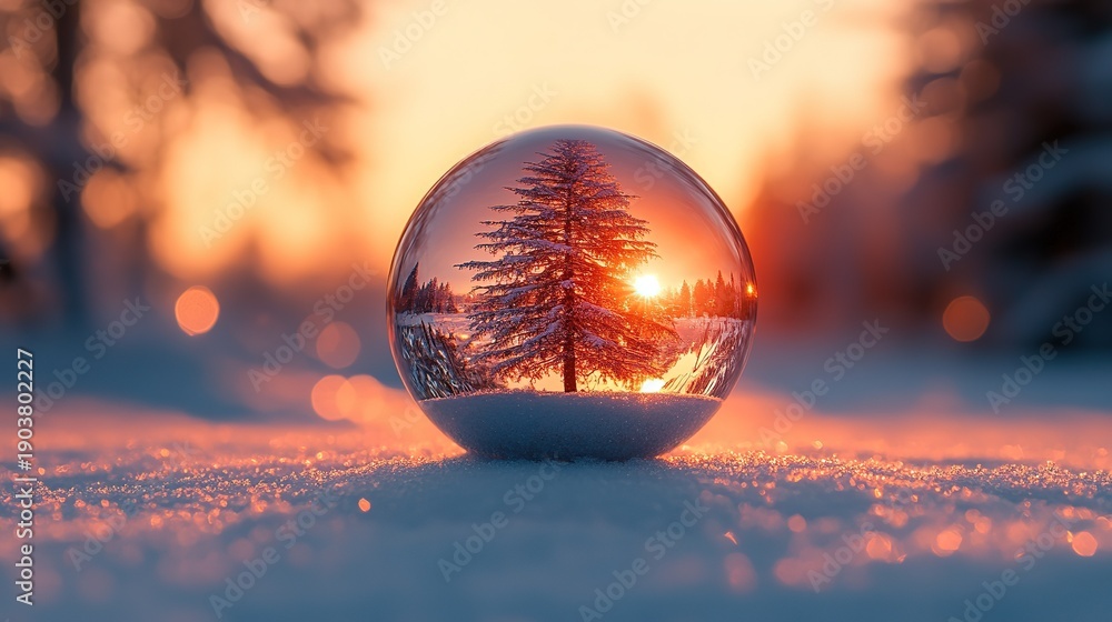 Fototapeta premium Snow - covered Pine Tree Reflection in a Glass Sphere at Sunset
