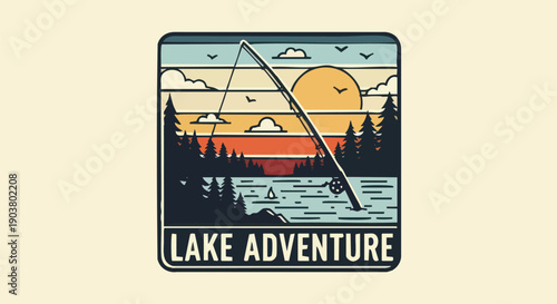 Stylized graphic badge depicts a sunset fishing scene over a body of water bordered by woods