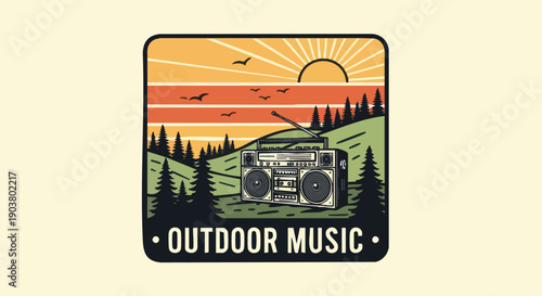 Retro portable stereo system illustration set against a vibrant sunset landscape with evergreen trees