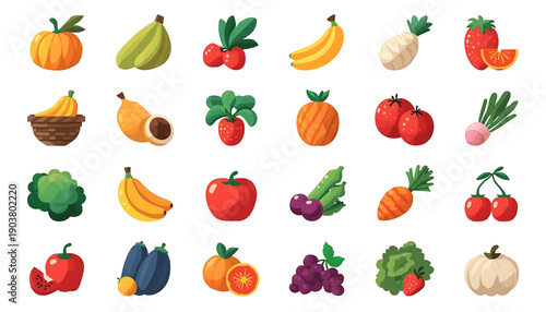 Colorful icons of various fruits and vegetables for healthy eating and nutrition concepts spring icons