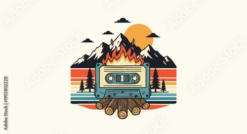 Retro audio storage device burns brightly atop a pile of wood against a mountain sunset backdrop