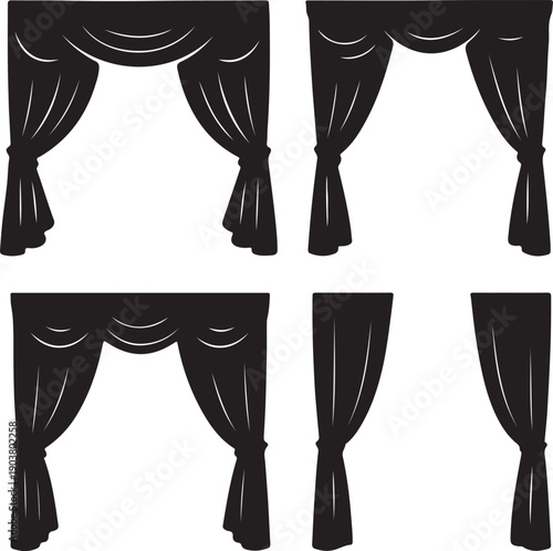 Theater stage curtains silhouette set, dramatic drapery and window curtains silhouette vector