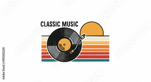 Stylized graphic featuring a spinning vinyl record against a retro striped sunset background emphasizes a theme of traditional audio entertainment.