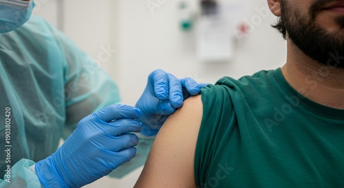Medical Professional Administering Vaccine Shot to Male Patient Wearing Green T-Shirt in Clinical Environment, Immunization Campaign Concept