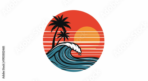 Stylized graphic design depicts crashing ocean waves beneath silhouetted palm trees against a setting sun backdrop