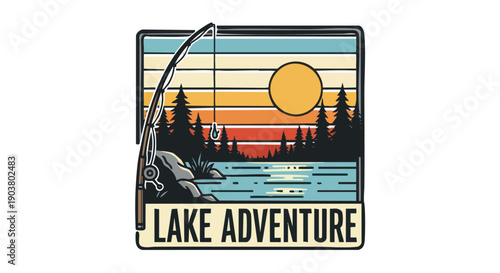 Stylized graphic design depicts a fishing scene over a striped sunset background with pine trees and water