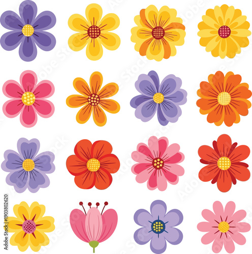 Flowers colorful vector set, floral elements, flower collection with flowers, twigs, leaves, flowers illustration collection