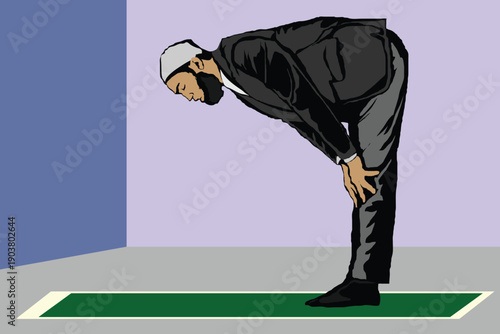 Vector illustration of a Muslim man performing ruku prayer position inside a simple room. Suitable for Islamic education materials, prayer guides, Ramadan content, and poster religious.