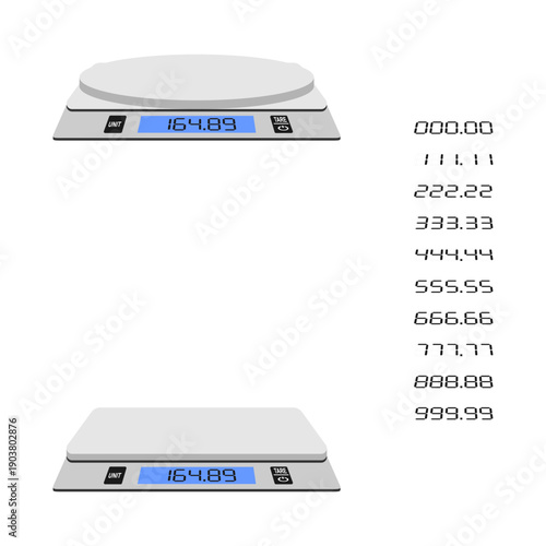 digital kitchen scales set with replacement digital number, vector illustration isolated on white background.
