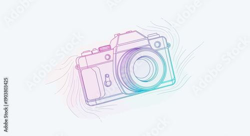 Vibrant gradient outline illustration of a vintage analog camera capturing moments and art