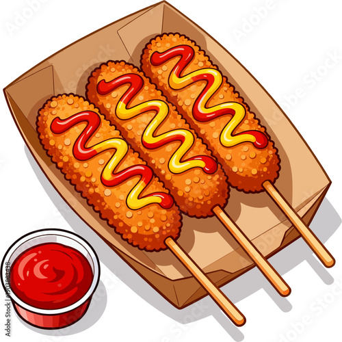 Corn Dogs with Ketchup and Mustard Drizzle in Paper Tray with Dipping Sauce Cup, Fast Food Cartoon Illustration