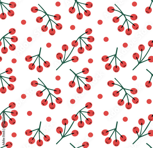 Red berries with faces on branches and scattered dots on white background desig