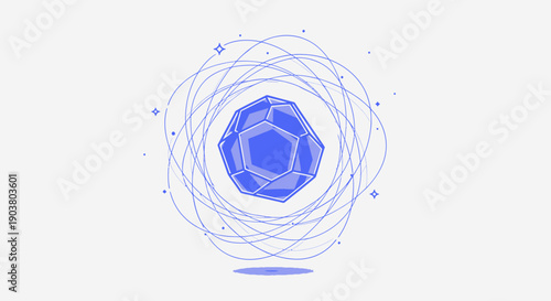Vibrant blue geometric crystal icon with abstract orbital paths representing data or energy