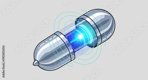 Futuristic energy capsule emitting blue light and radiating waves, symbolizing advanced technology