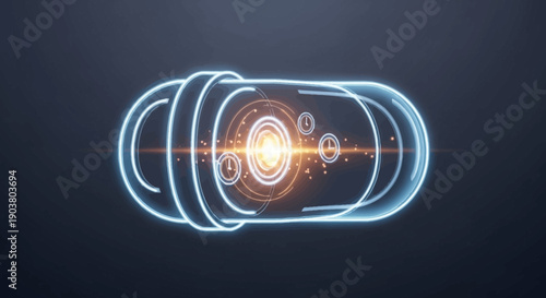 Futuristic glowing medical capsule with integrated time-release technology and advanced diagnostic