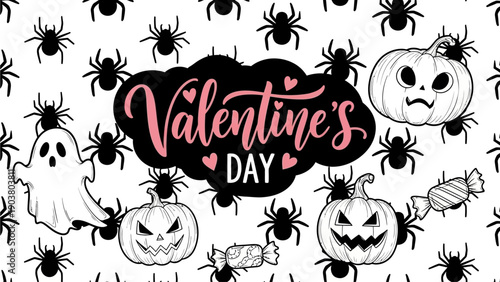 Unique Valentine's Day Banner Combining Sweet Romance with Spooky Halloween Fun Featuring Ghosts, Jack-o'-Lanterns, and Spiders on a Patterned Background