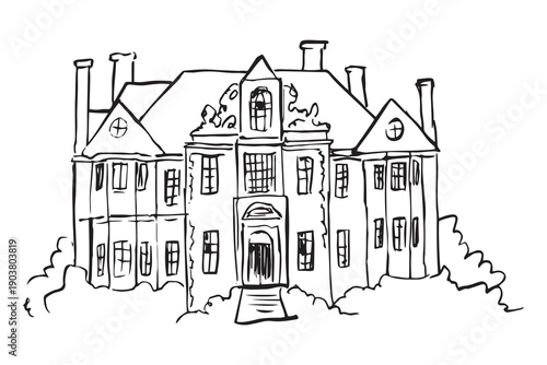 Hand drawn classic mansion building illustration in black and white line art style. Elegant historic house sketch isolated on white background for architecture, real estate and design projects.