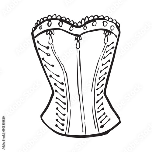 Hand drawn vintage corset illustration in black and white line art style. Elegant feminine lingerie sketch isolated on white background for fashion design, beauty branding and decor.
