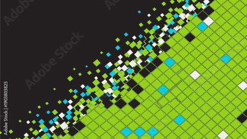 Dynamic Abstract Geometric Pixel Art Background with Scattered Squares on a Vibrant Green Grid and Black Space, Modern Digital Design Element