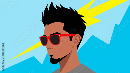 Cool guy with sunglasses and a lightning bolt in the background, vibrant illustration