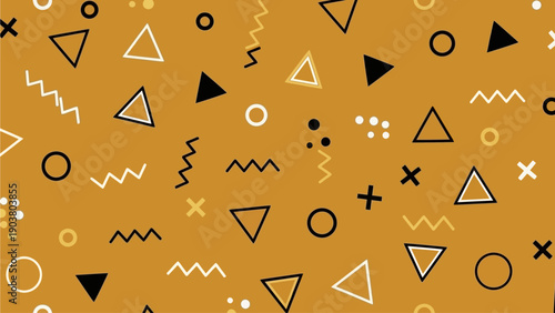 Abstract Memphis Style Pattern with Geometric Shapes and Wavy Lines on Ochre Background