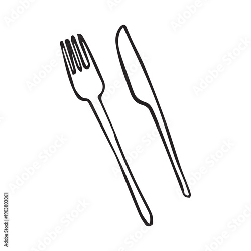 Hand drawn fork and table knife in minimal black ink line art style, elegant cutlery doodle illustration isolated on white background.
