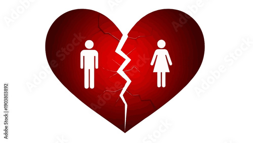 Symbolic vector illustration of a fractured red heart, featuring male and female icons on each half, powerfully representing relationship problems, separation, divorce, and emotional pain