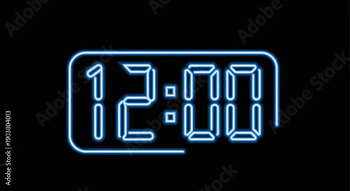 Blue neon digital clock displaying precisely twelve o'clock on a dark black background vector