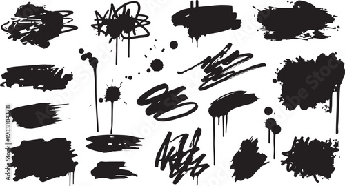 Mega bundle of different ink brush strokes:rectangle,square and round freehand drawings.Ink splatters,grungy painted lines,artistic design elements:waves,circles,triangles.