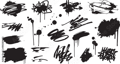 Mega bundle of different ink brush strokes:rectangle,square and round freehand drawings.Ink splatters,grungy painted lines,artistic design elements:waves,circles,triangles.