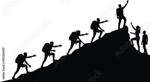 Hiking teamwork silhouette vector illustration, mountain climbing group, adventure success, outdoor exploration, helping hands, achievement peak, backpackers journey, unity, perseverance, triumph