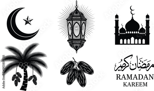 Ramadan Kareem vector illustration, crescent moon, mosque silhouette, lantern light, date palm tree, Arabic calligraphy, Islamic festival, fasting tradition, spirituality, celebration