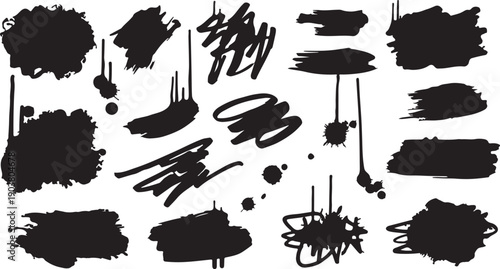 Mega bundle of different ink brush strokes:rectangle,square and round freehand drawings.Ink splatters,grungy painted lines,artistic design elements:waves,circles,triangles.
