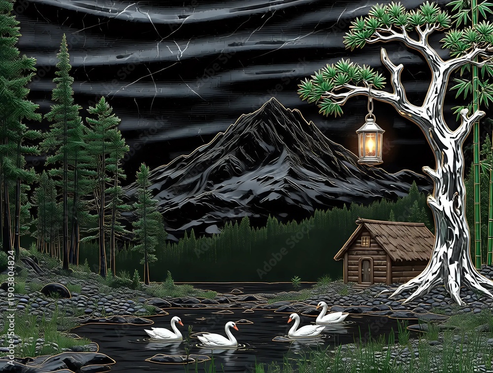 Naklejka premium Swans swimming in a pond in the woods