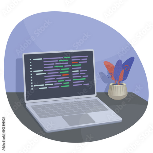 A programmer's workplace, with an open laptop and a decorative plant on the table. Vector illustration.