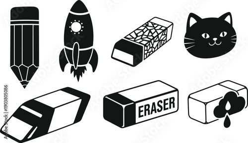 Black and white illustration of school supplies and a cat