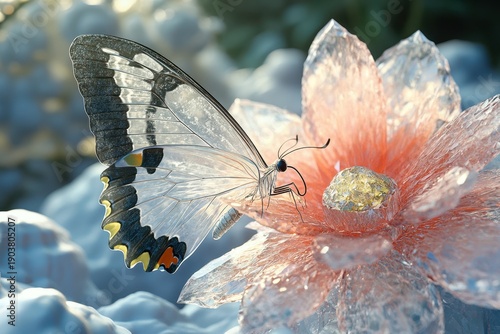 Detailed close-up of a butterfly perched on a crystal-like flower in a serene environment