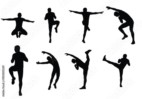 Silhouette of seven dancers in various poses