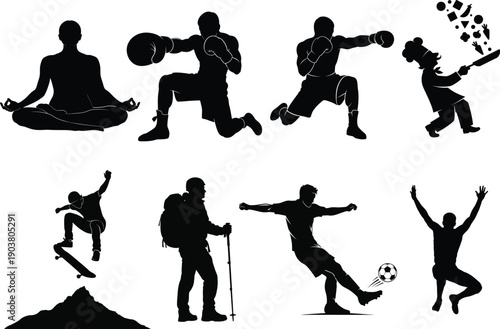 Silhouette illustrations of people engaging in various sports and fitness activities