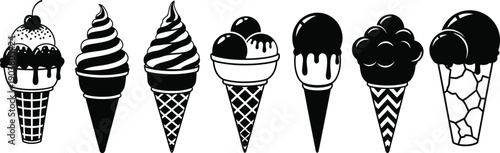 Variety of ice cream cones with different toppings and flavors